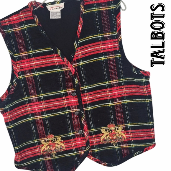 Talbots Red Tartan Plaid Vest Embroidered Crest Acrylic Wool Preppy Holiday - Picture 1 of 9